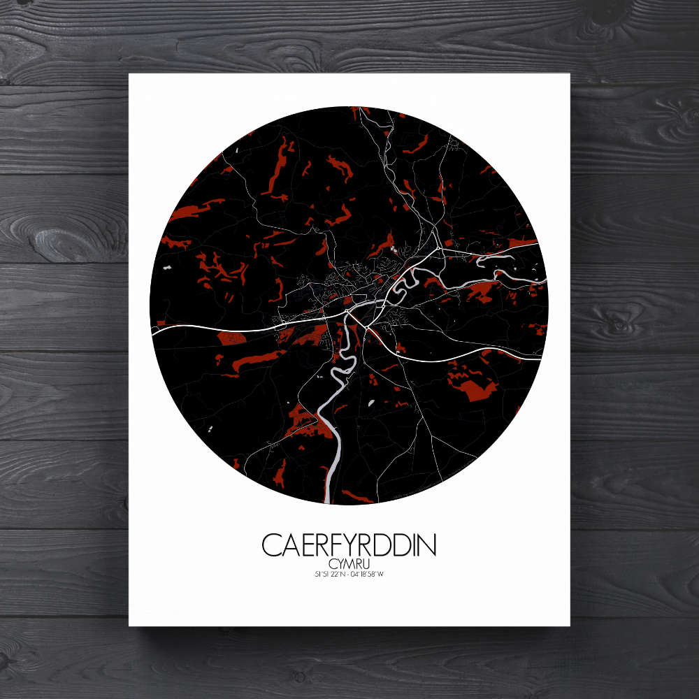 Mapospheres Carmarthen Red dark round shape design canvas city map