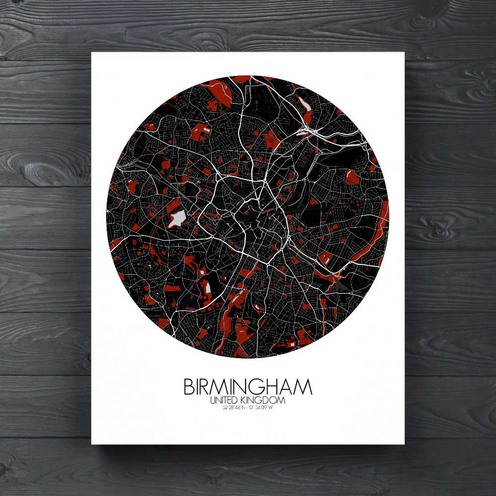 Mapospheres Birmingham Red dark round shape design canvas city map
