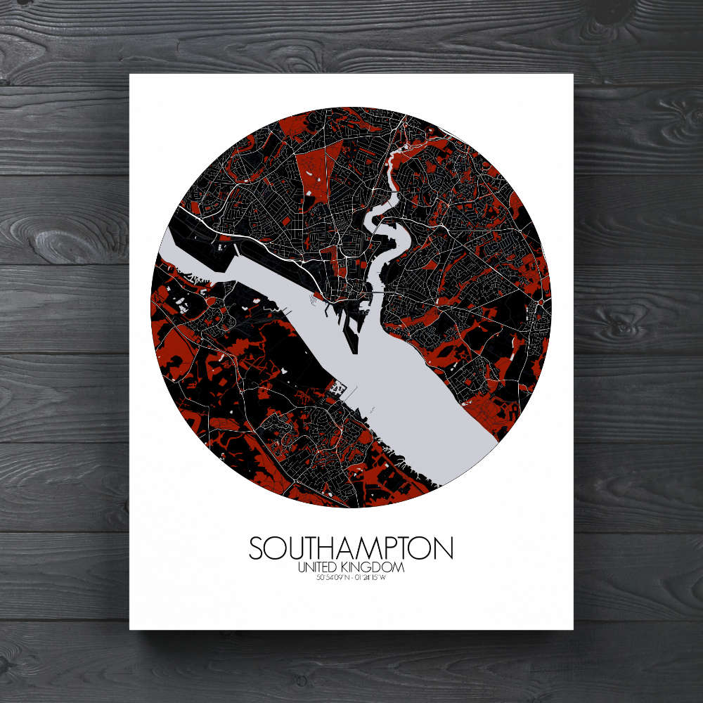 Mapospheres Southampton Red dark round shape design canvas city map