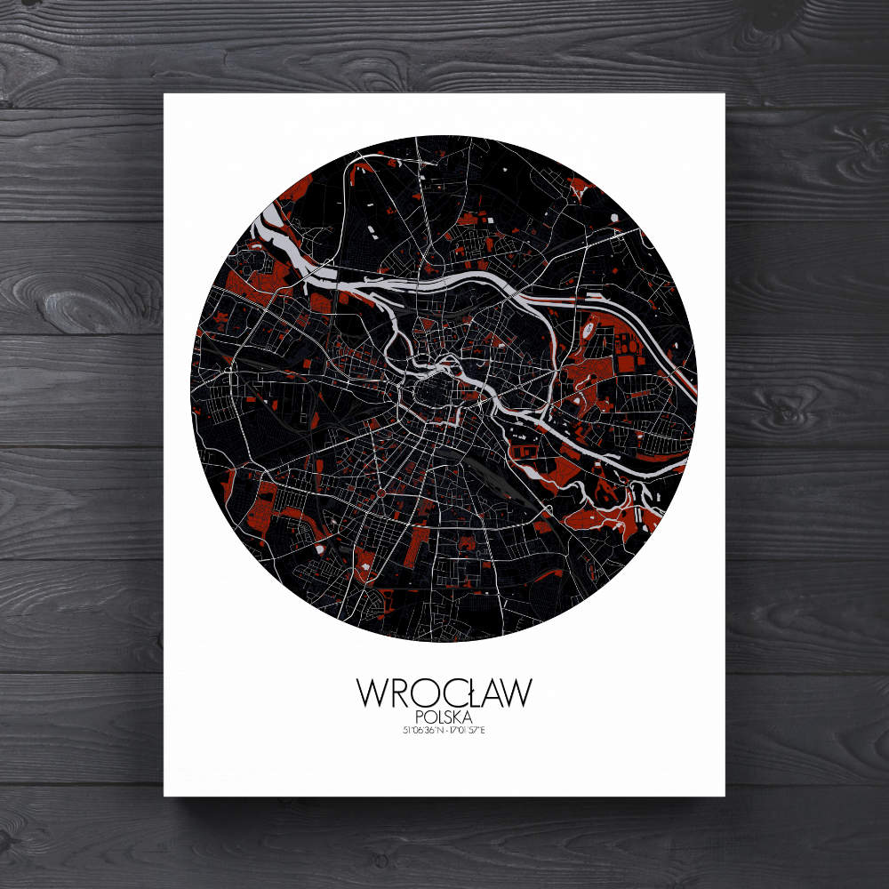 Mapospheres Wroclaw Red dark round shape design canvas city map