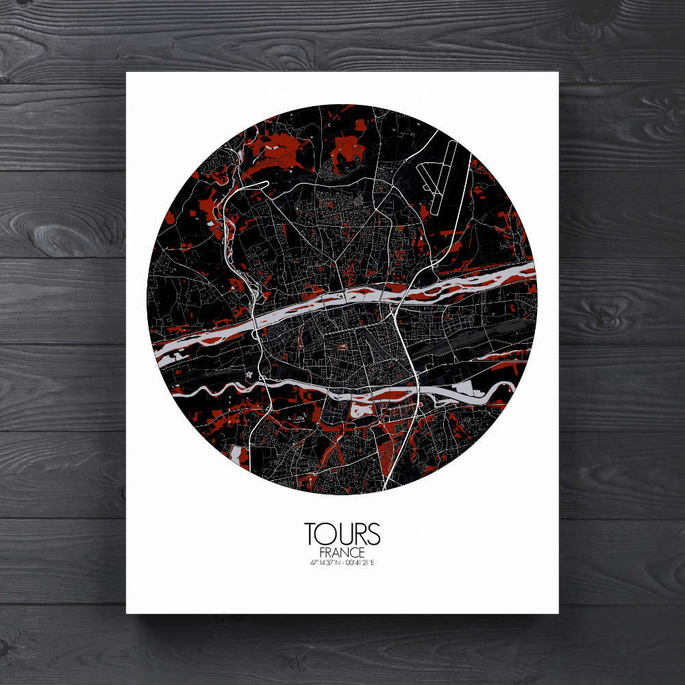 Mapospheres Tours Red dark round shape design canvas city map