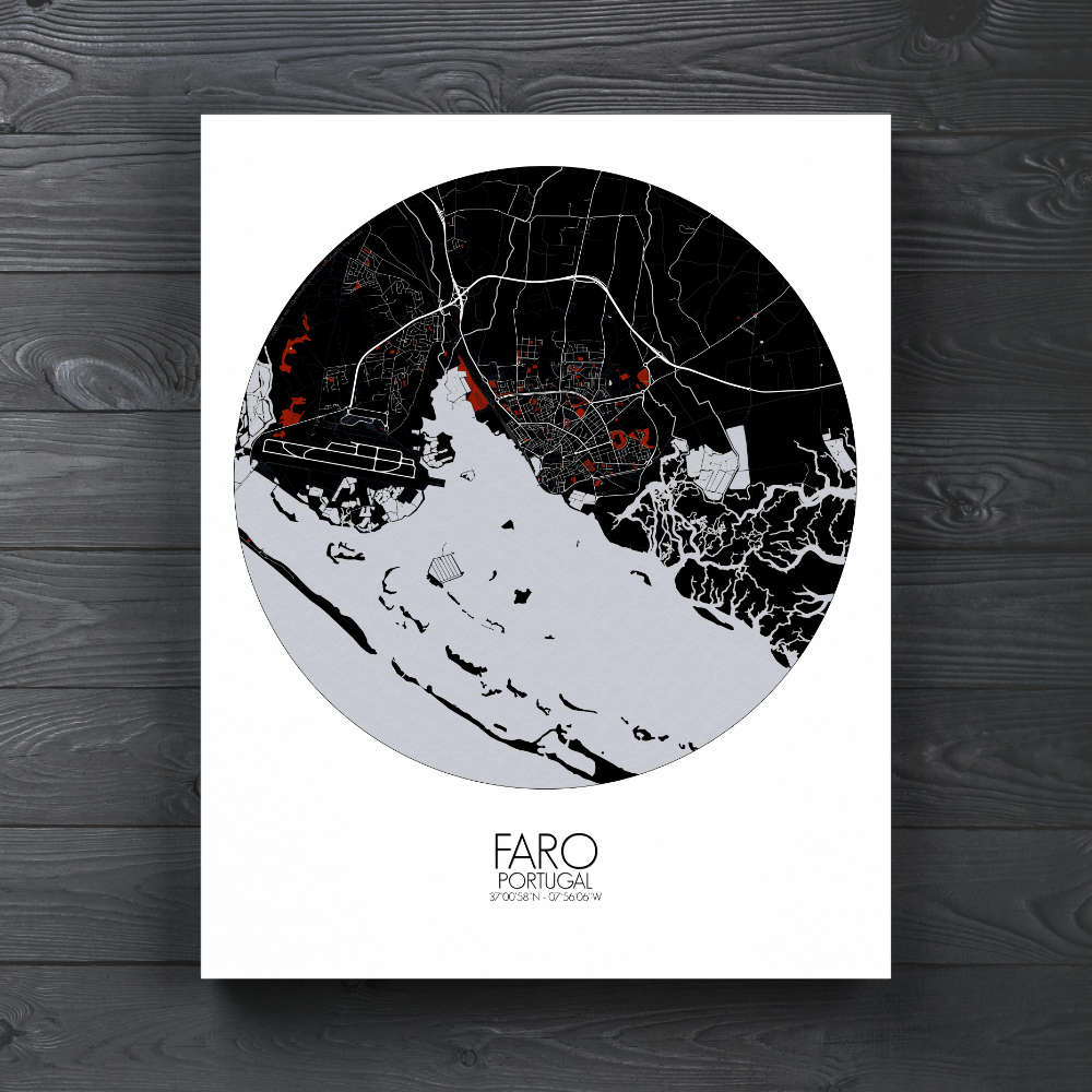 Mapospheres Faro Red dark round shape design canvas city map
