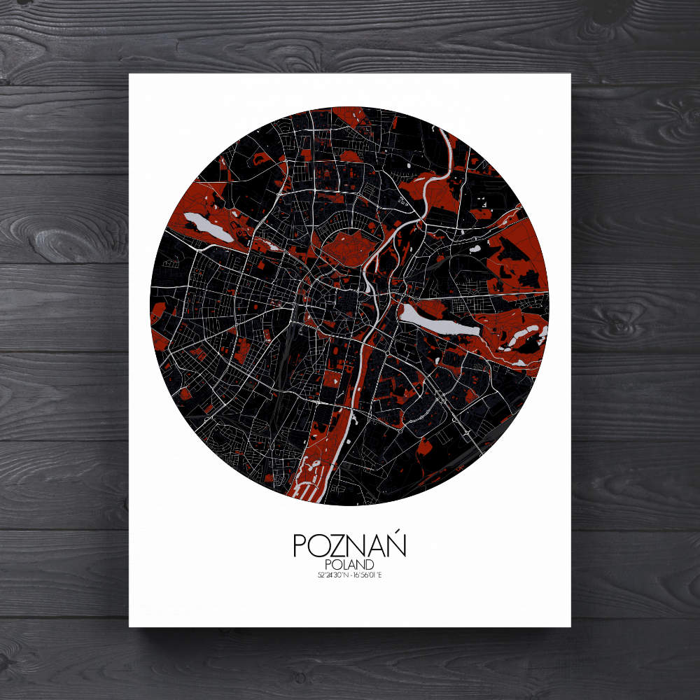 Mapospheres Poznan Red dark round shape design canvas city map