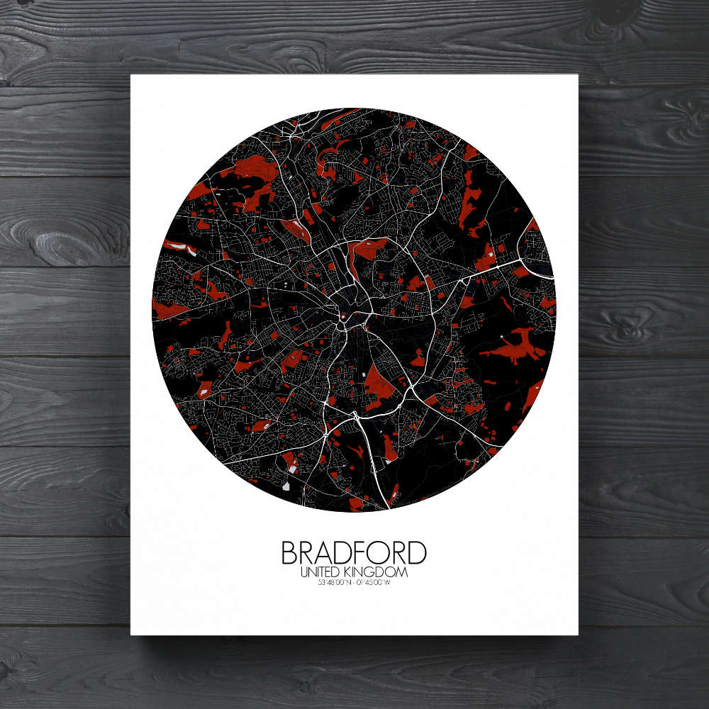 Mapospheres Bradford Red dark round shape design canvas city map