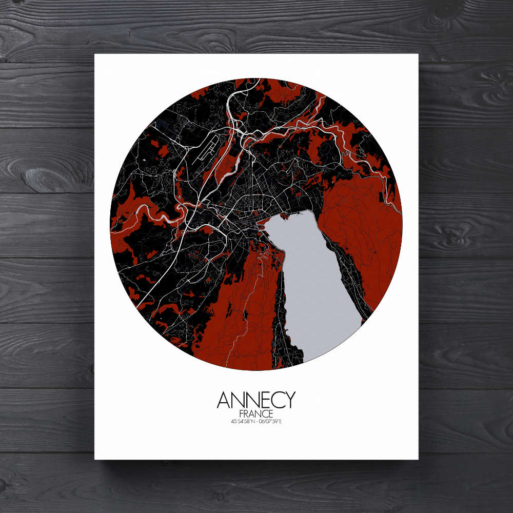 Mapospheres Annecy Red dark round shape design canvas city map