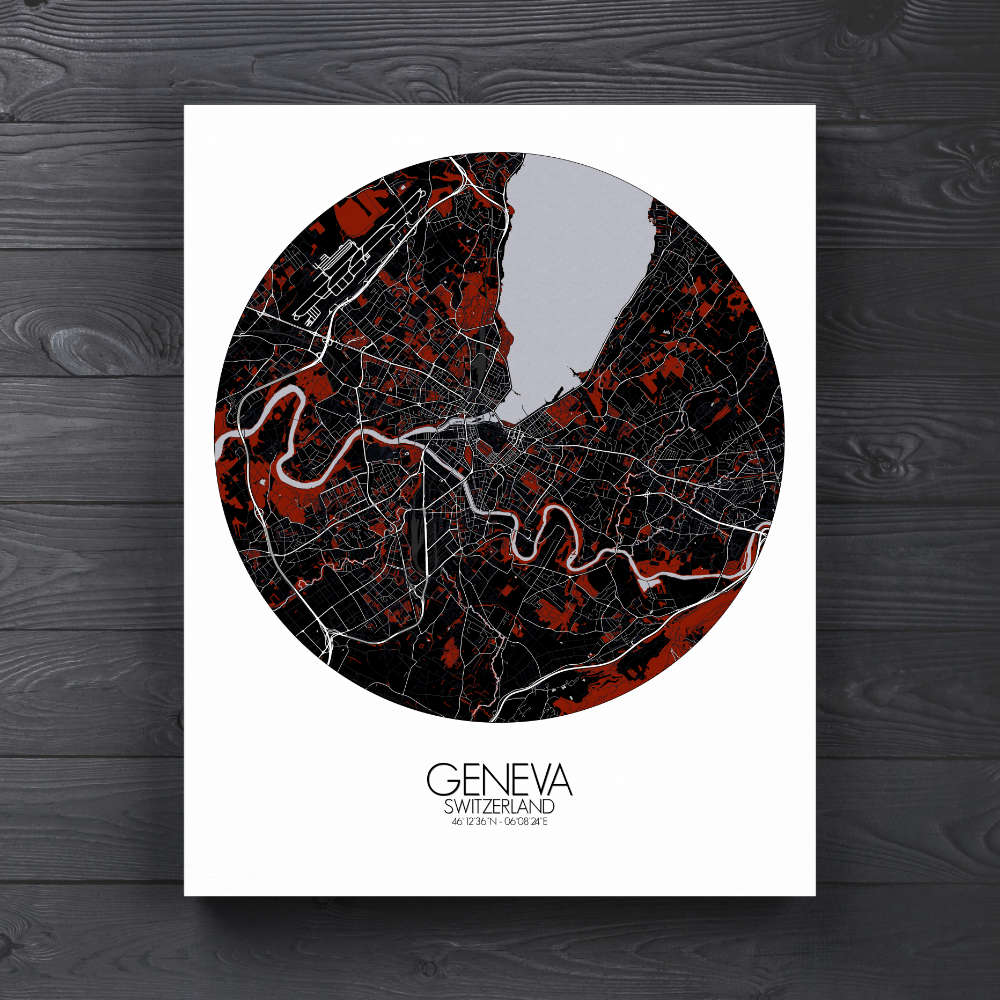 Mapospheres Geneva Red dark round shape design canvas city map
