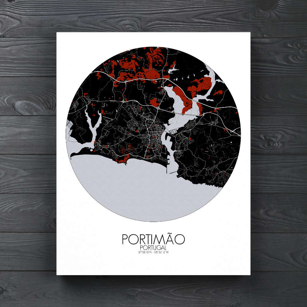 Mapospheres Portimao Red dark round shape design canvas city map