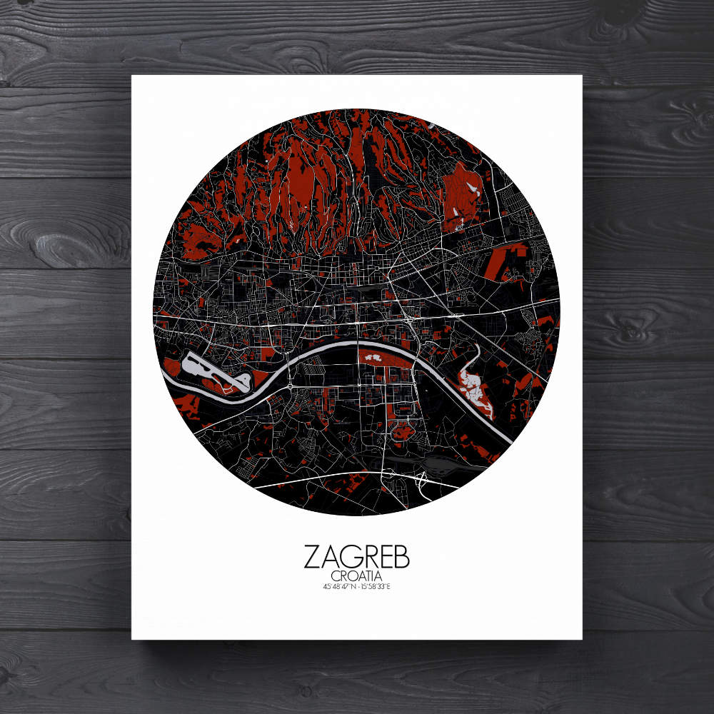 Mapospheres Zagreb Red dark round shape design canvas city map