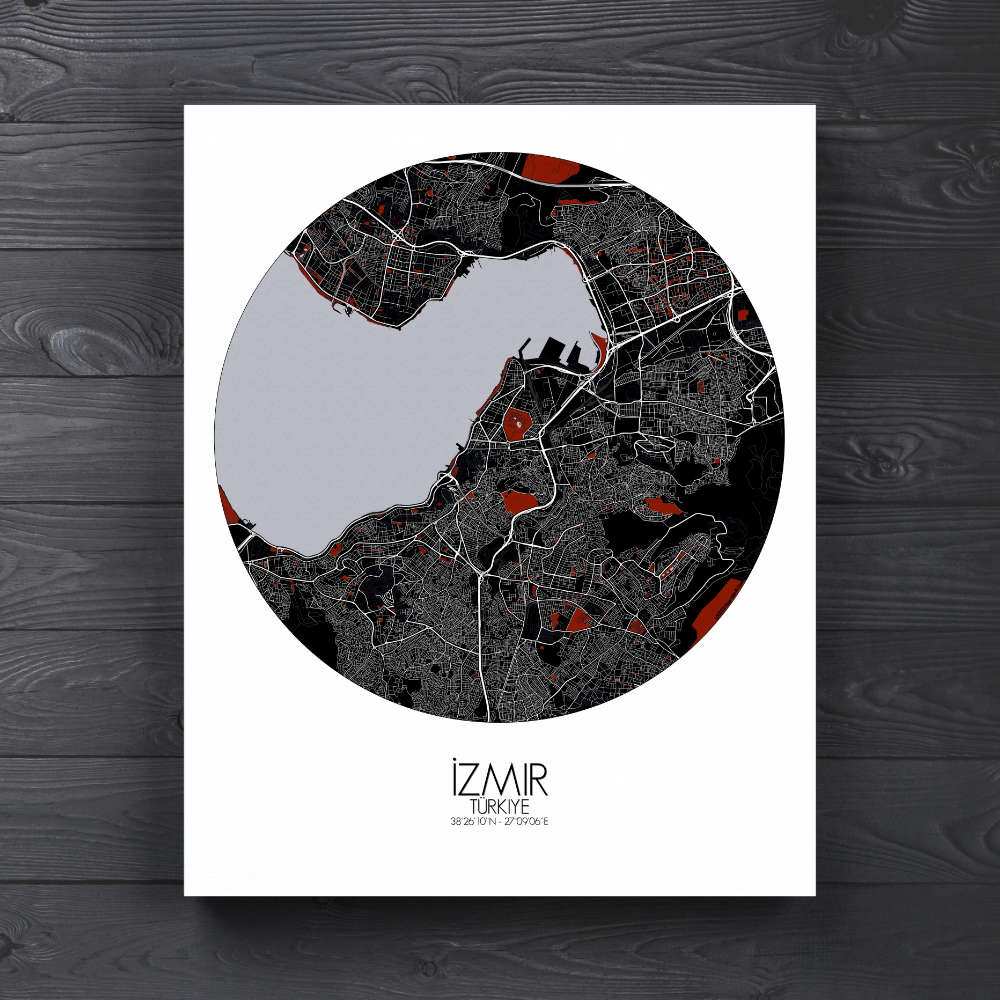 Mapospheres Izmir Red dark round shape design canvas city map