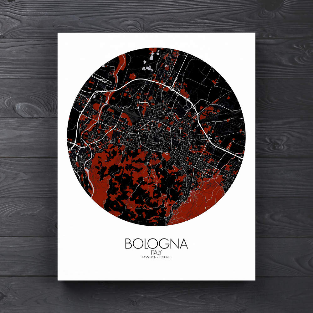 Mapospheres Bologna Red dark round shape design canvas city map