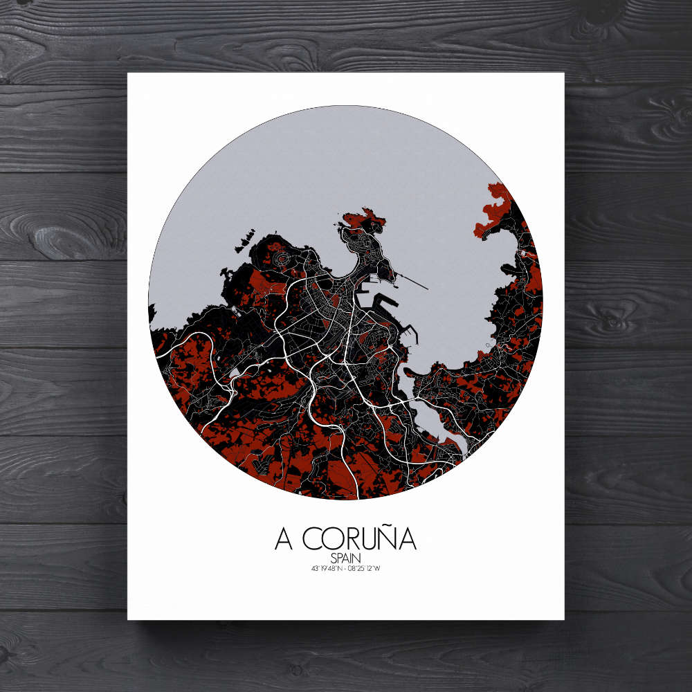 Mapospheres La Coruna Red dark round shape design canvas city map