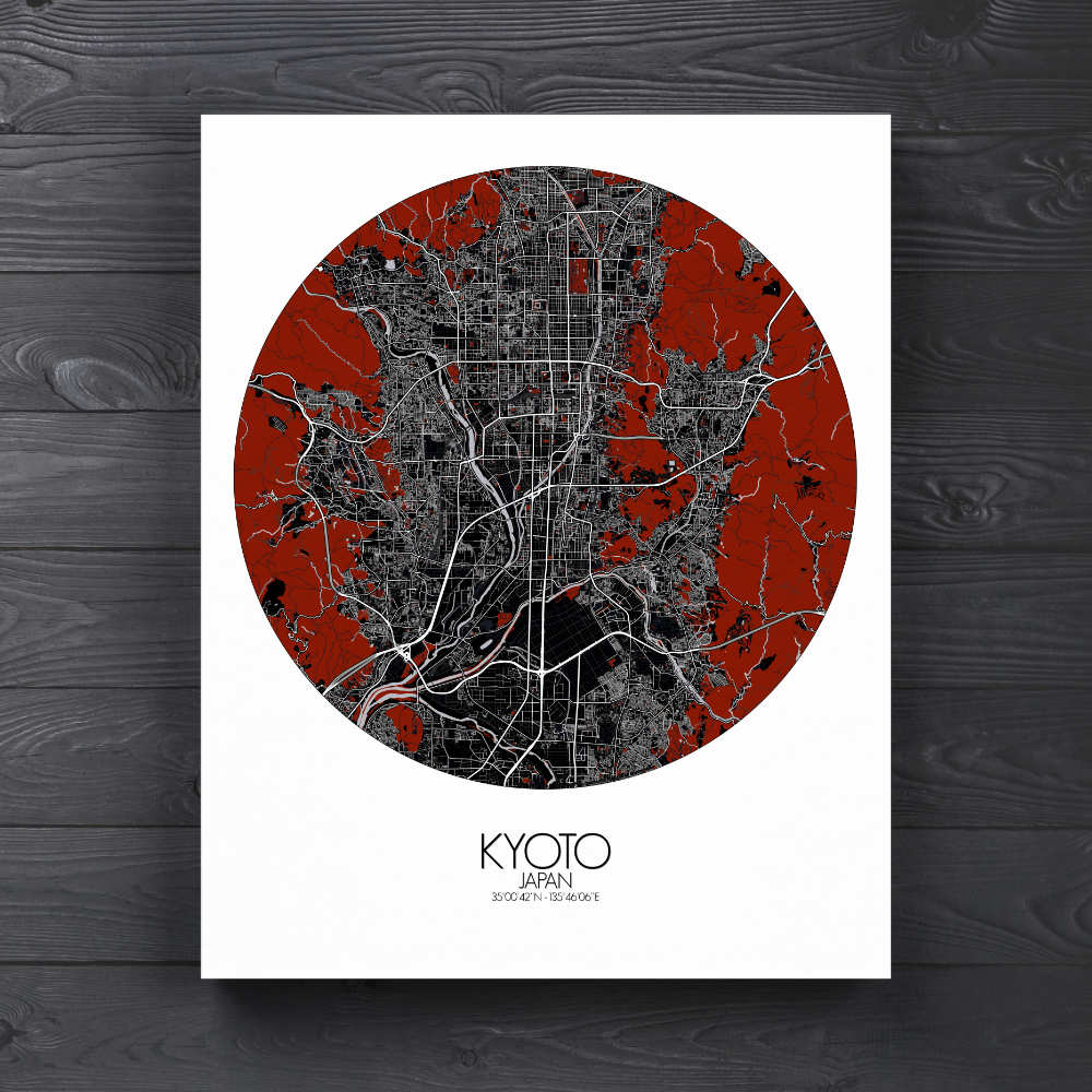 Mapospheres Kyoto Red dark round shape design canvas city map