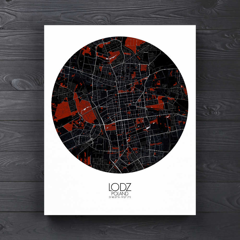 Mapospheres Lodz Red dark round shape design canvas city map