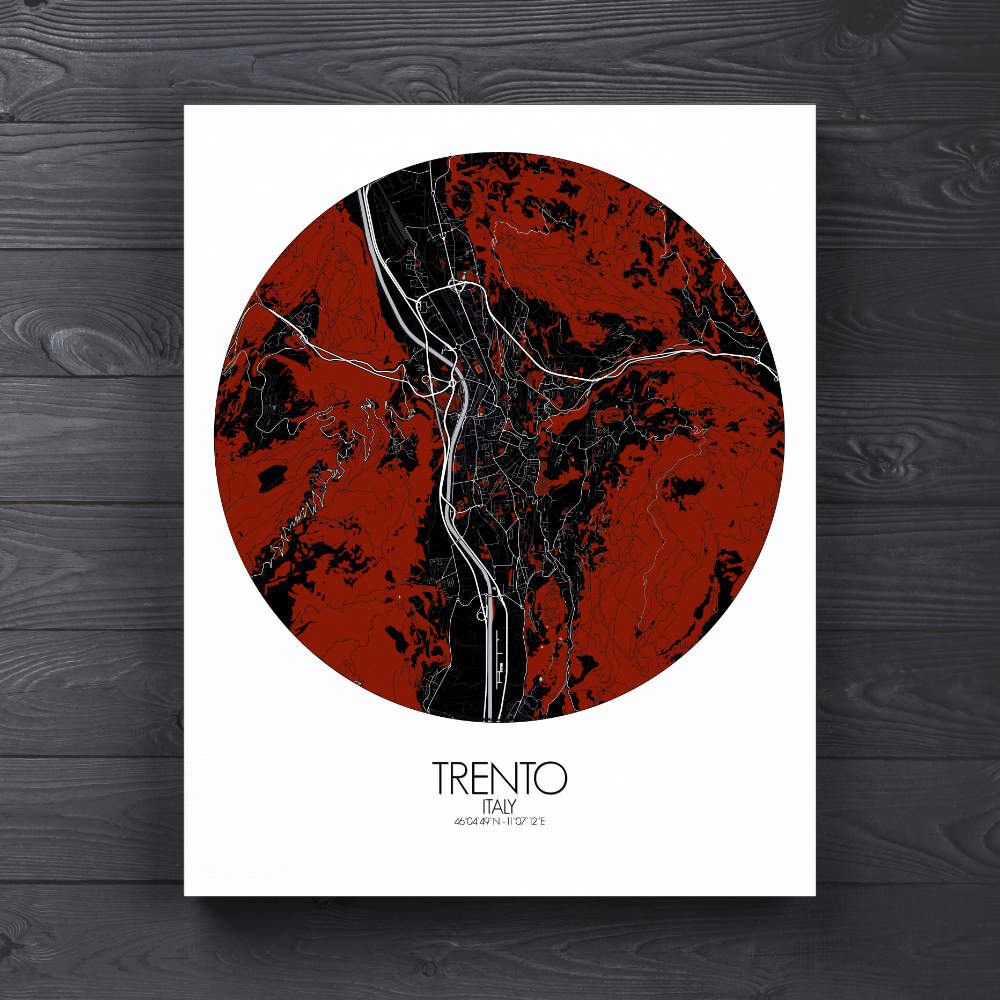 Mapospheres Trento Red dark round shape design canvas city map