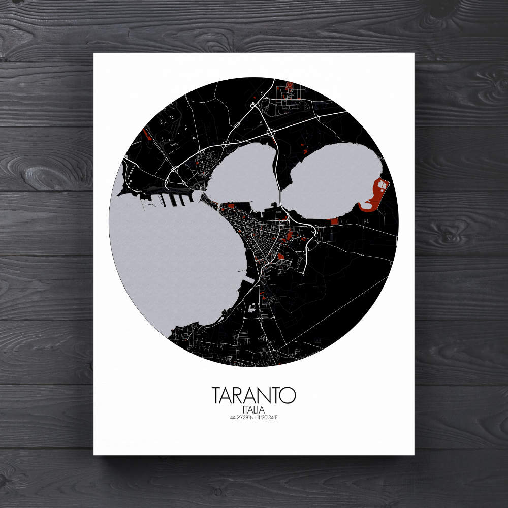 Mapospheres Taranto Red dark round shape design canvas city map