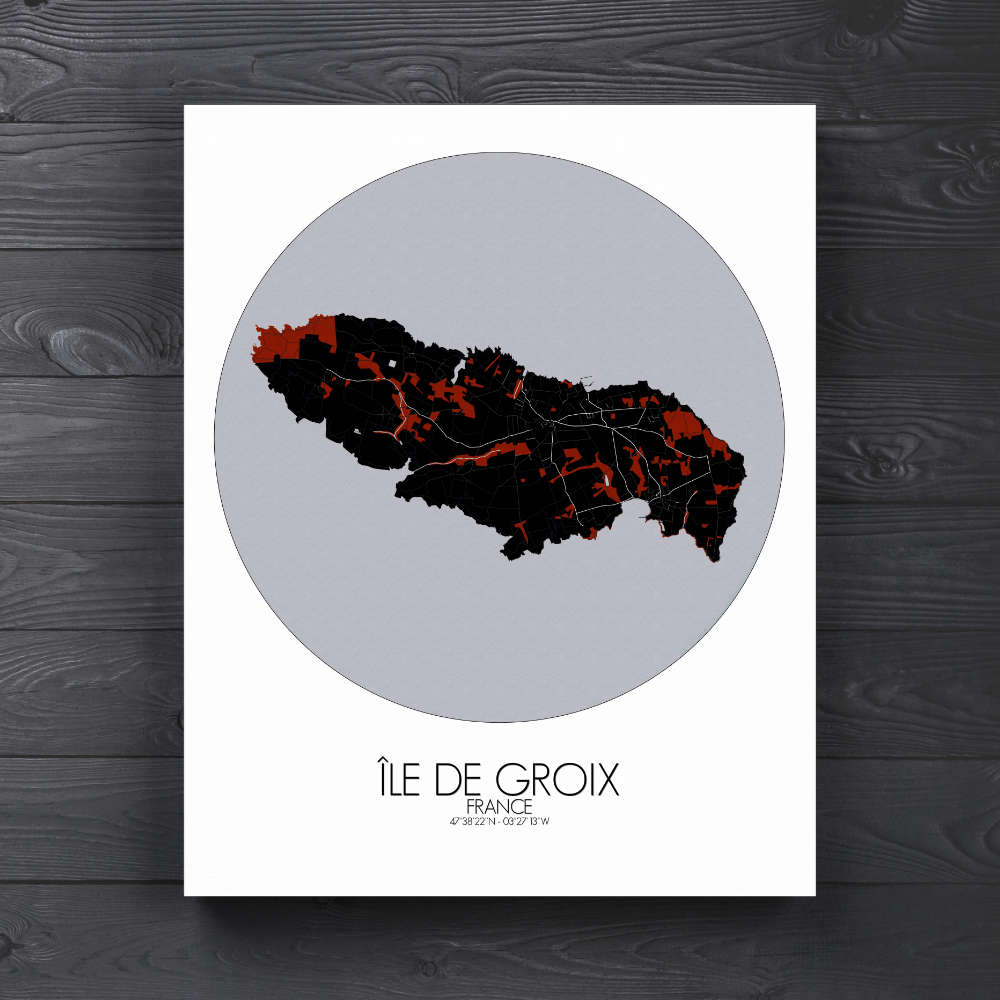 Mapospheres Groix Red dark round shape design canvas city map