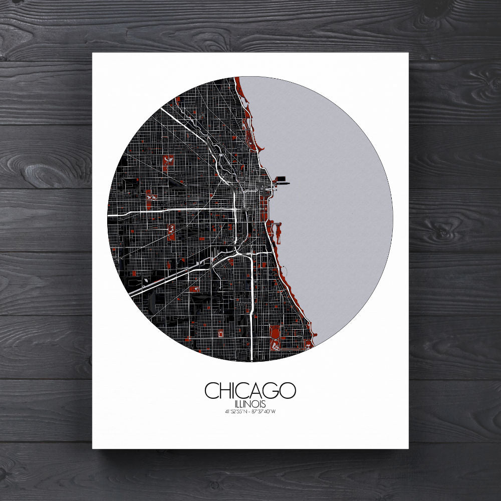 Mapospheres Chicago Red dark round shape design poster city map