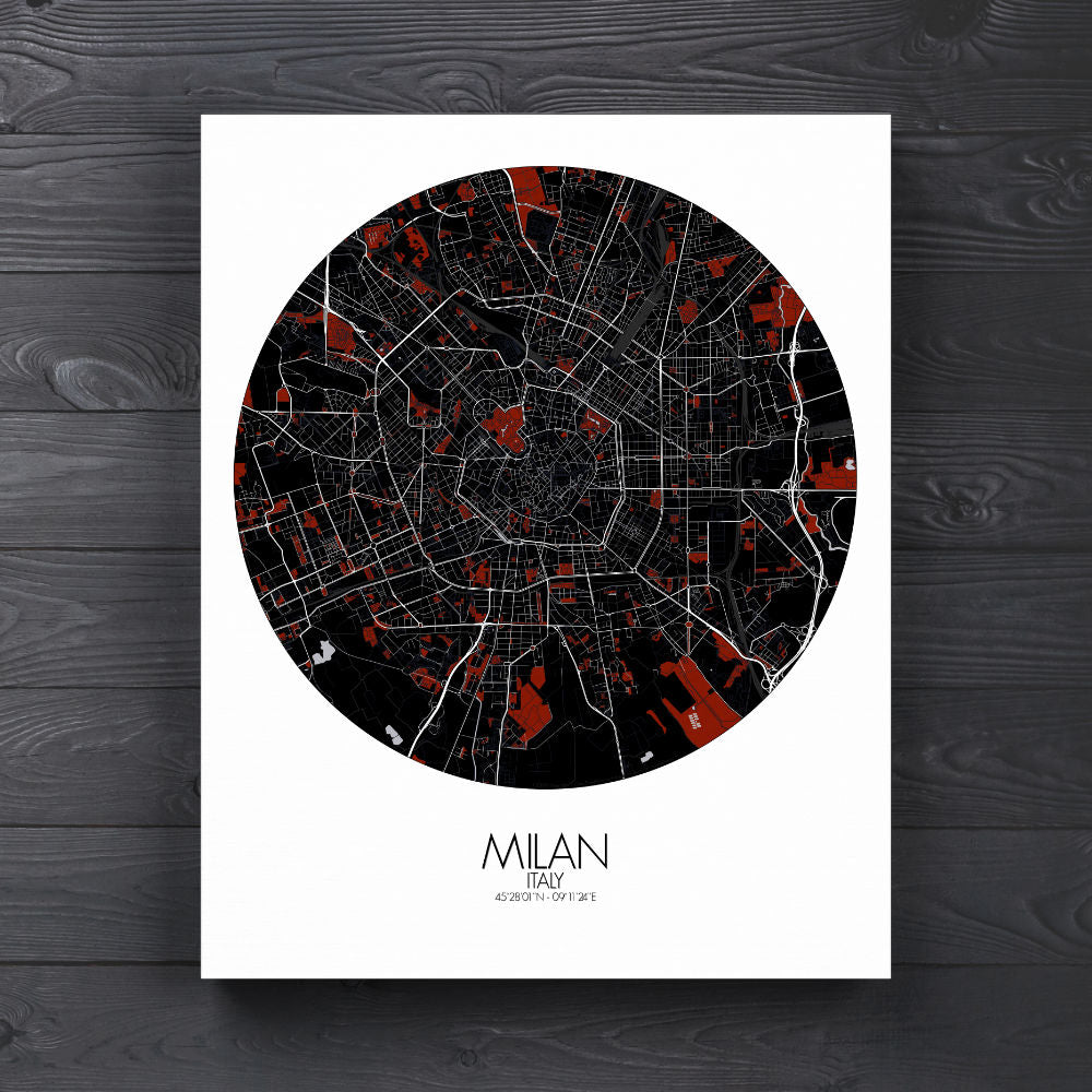 Mapospheres Milan Red dark round shape design canvas city map