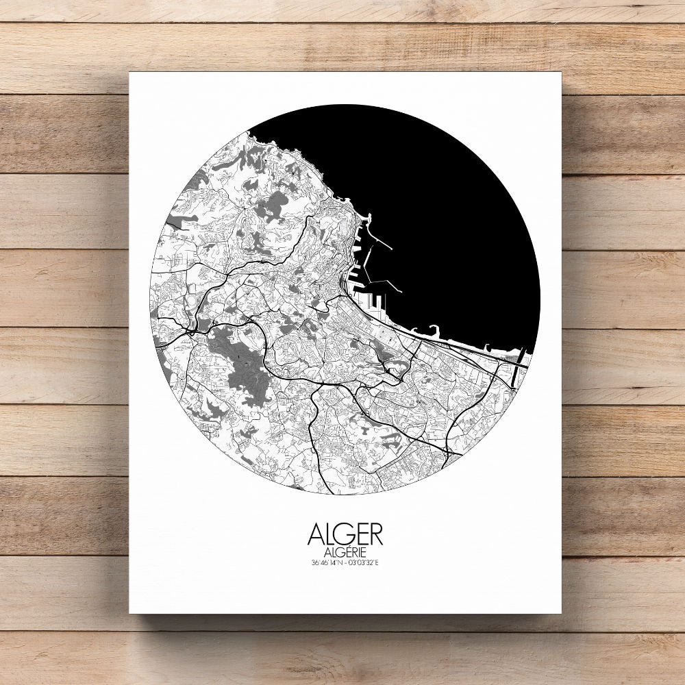 Mapospheres Algiers Black and White round shape design poster city map