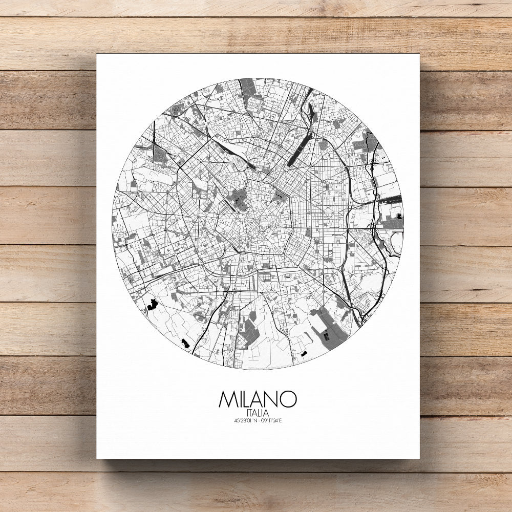 Mapospheres Milan Black and White  round shape design canvas city map