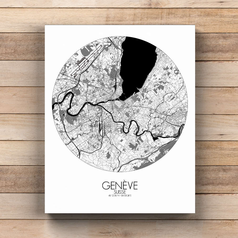 Mapospheres Geneva Black and White  round shape design canvas city map