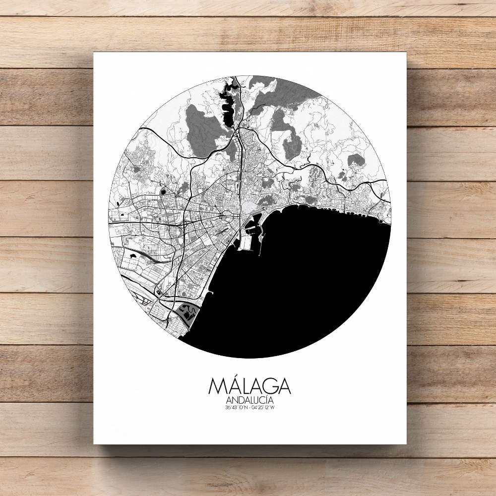 Mapospheres Malaga Black and White  round shape design canvas city map