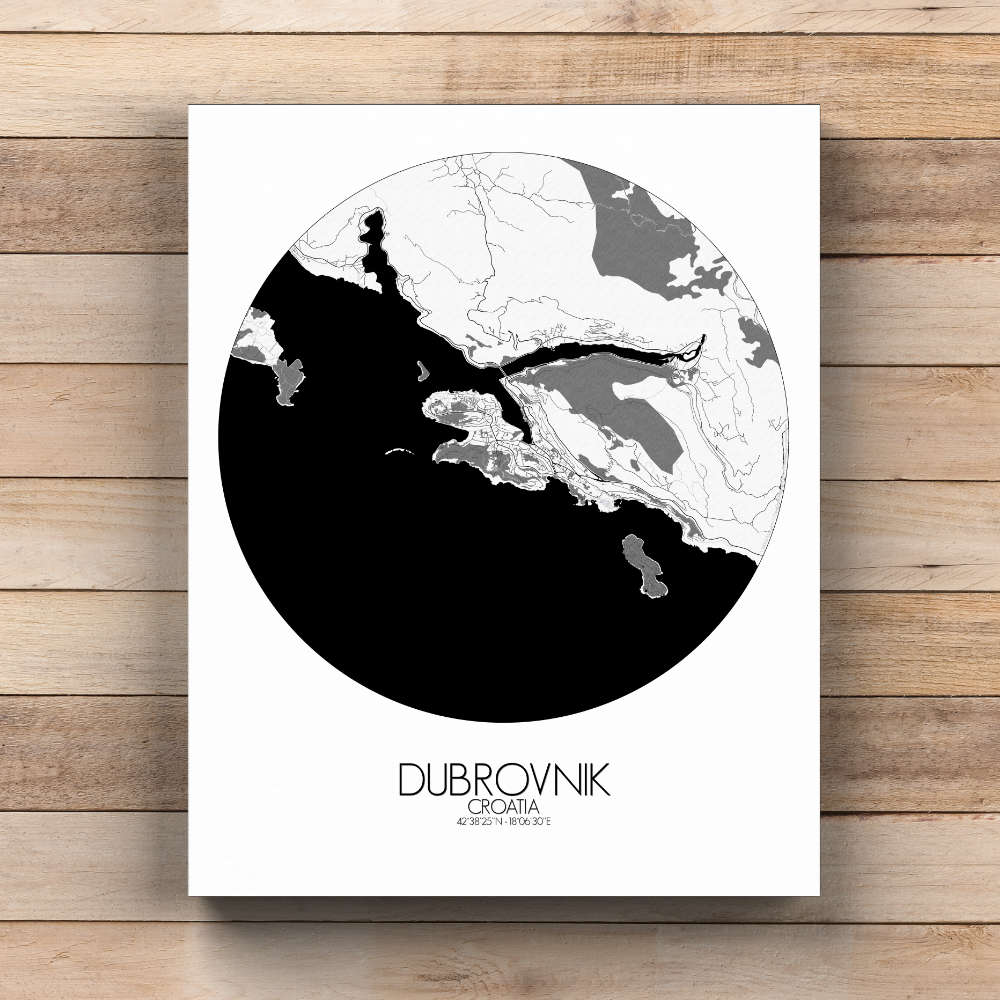 Mapospheres Dubrovnik Black and White  round shape design canvas city map