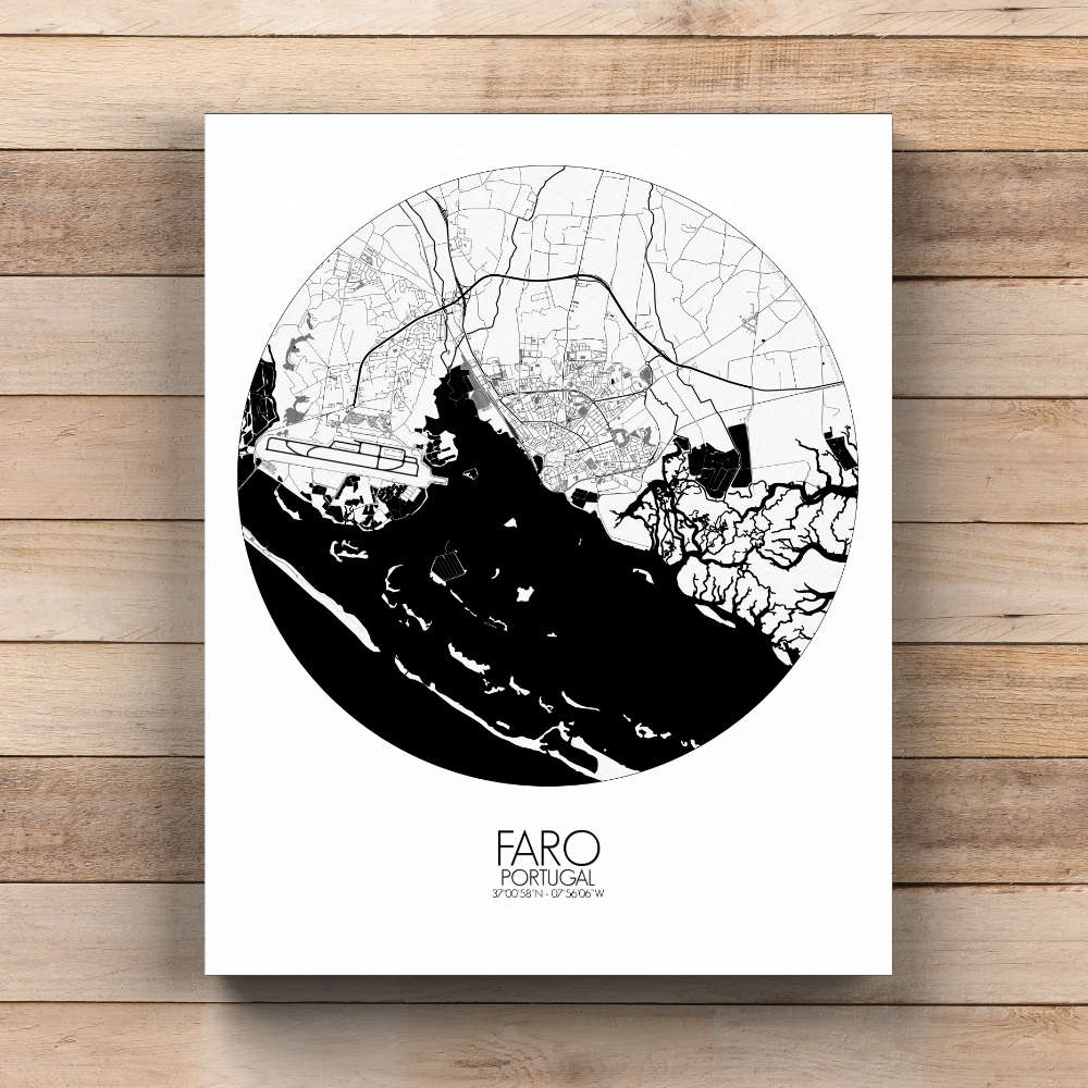 Mapospheres Faro Black and White  round shape design canvas city map