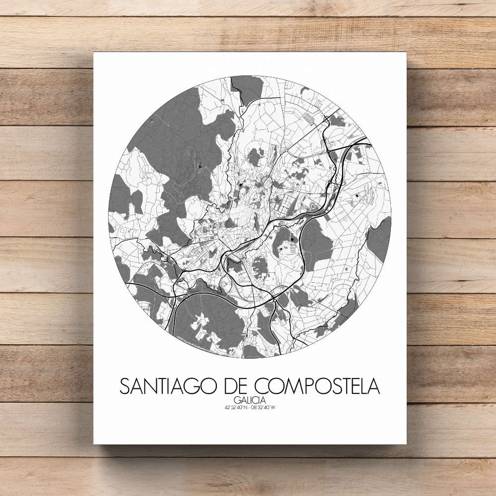 Mapospheres Santiago Black and White  round shape design canvas city map