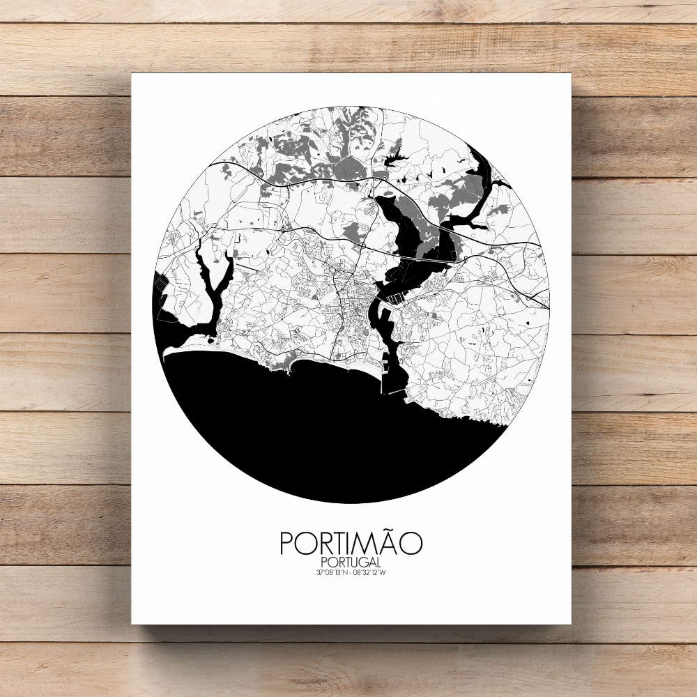 Mapospheres Portimao Black and White  round shape design canvas city map