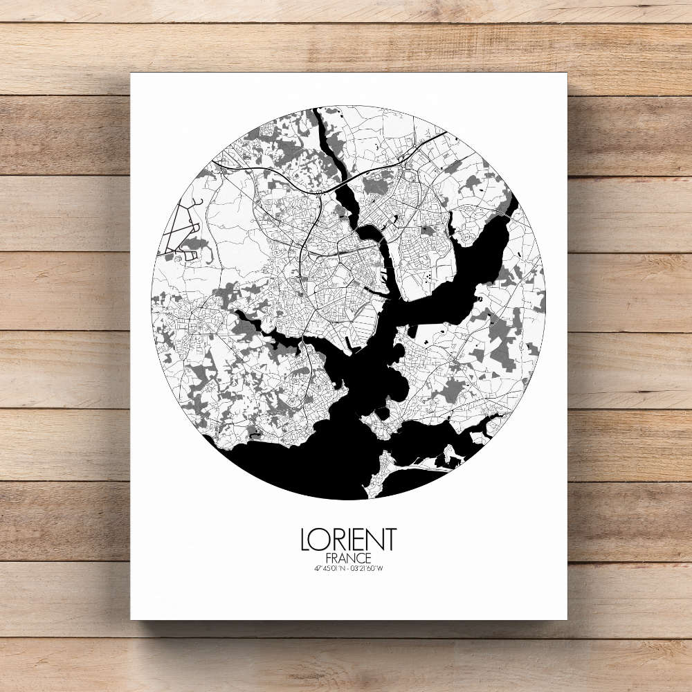 Mapospheres Lorient Black and White  round shape design canvas city map
