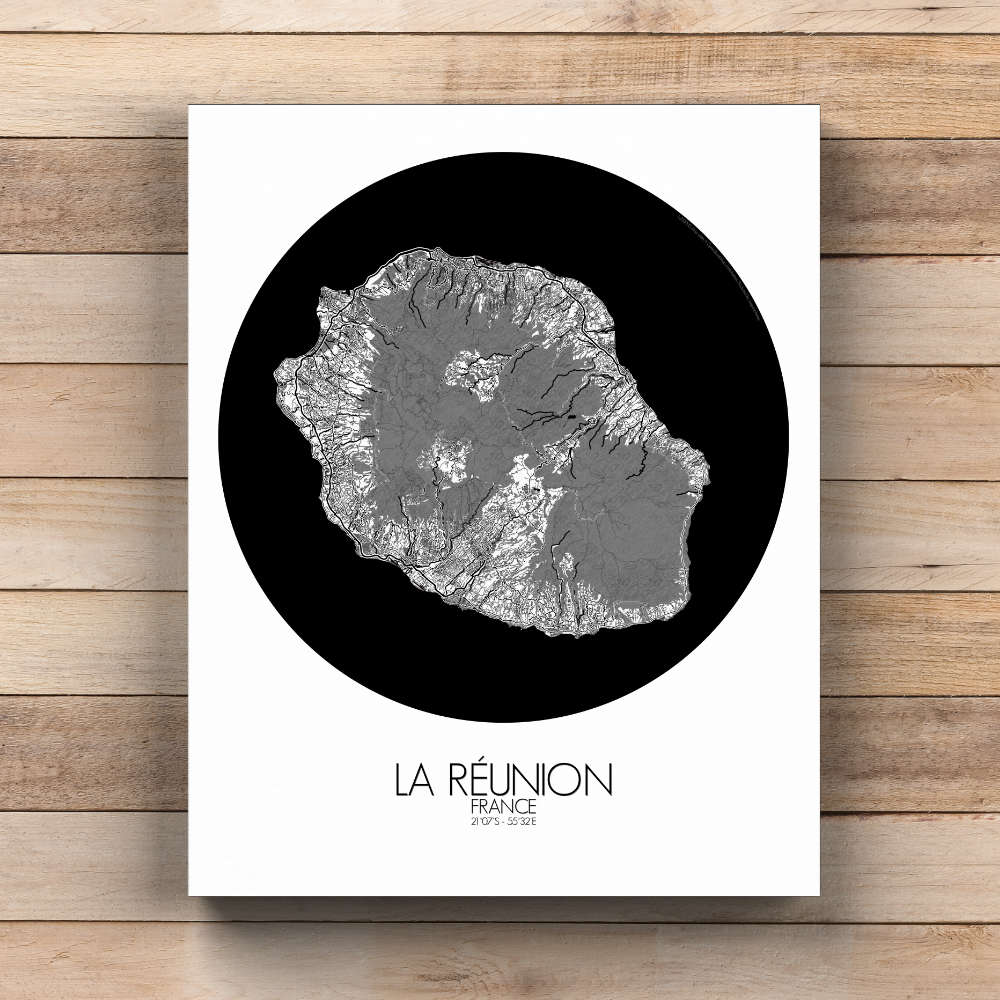 Mapospheres La Reunion Black and White  round shape design canvas city map