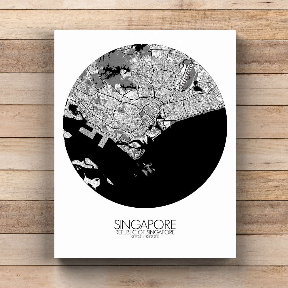 Mapospheres Siingapore Black and White  round shape design canvas city map