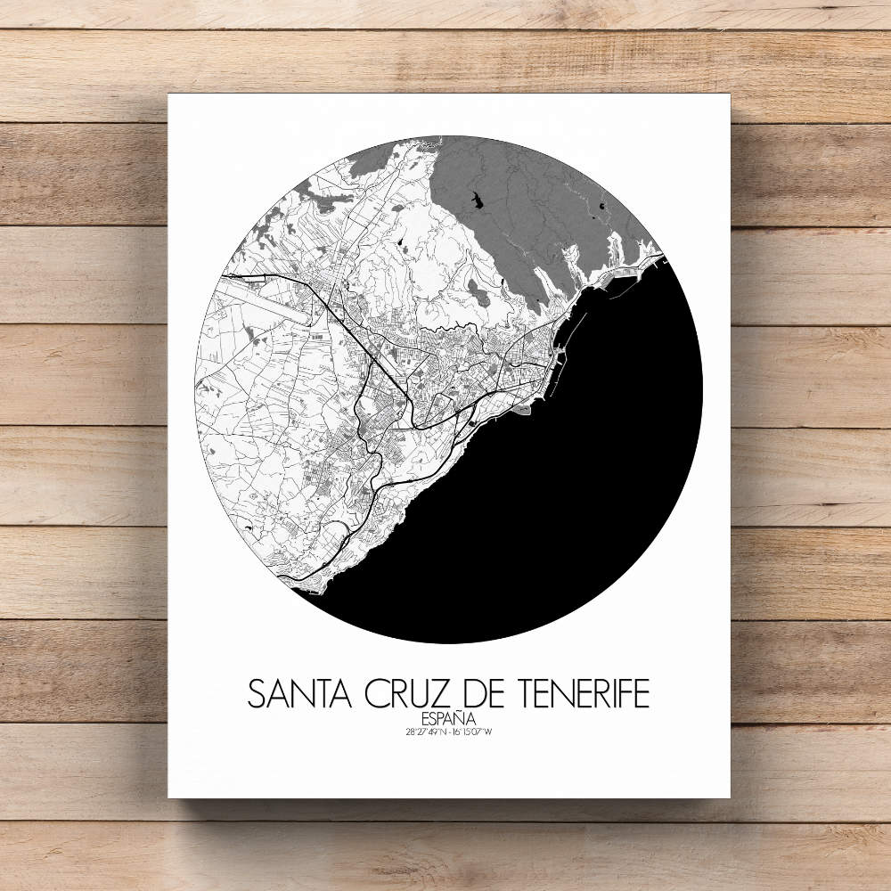 Mapospheres Santa Cruz de Tenerife Black and White  round shape design canvas city map