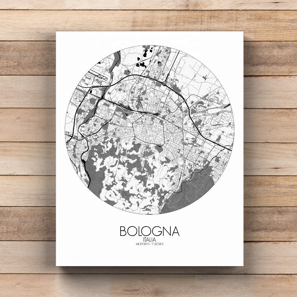 Mapospheres Bologna Black and White  round shape design canvas city map