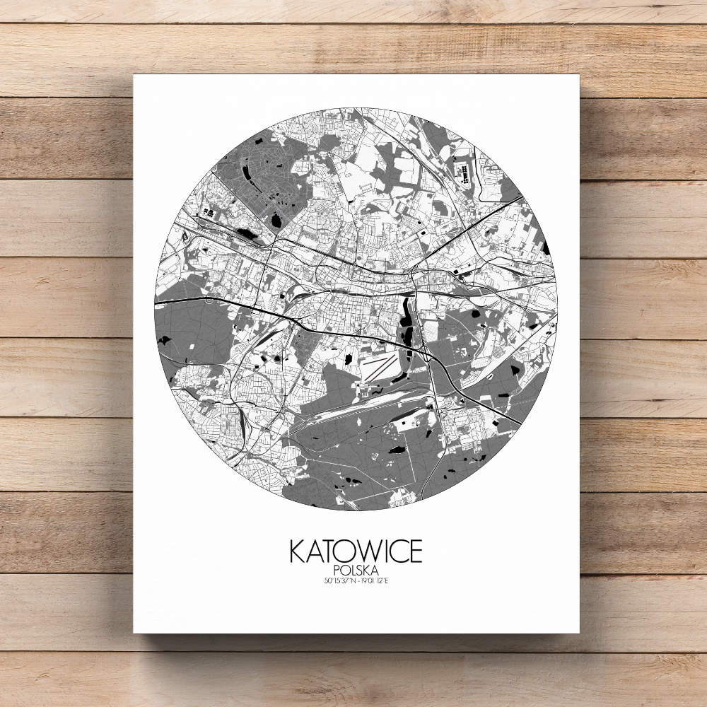 Mapospheres Katowice Black and White  round shape design canvas city map