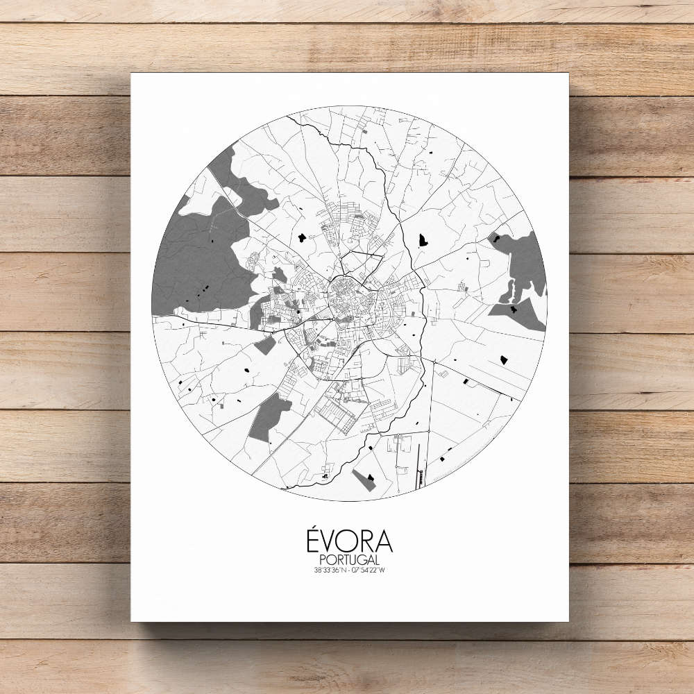Mapospheres Evora Black and White  round shape design canvas city map