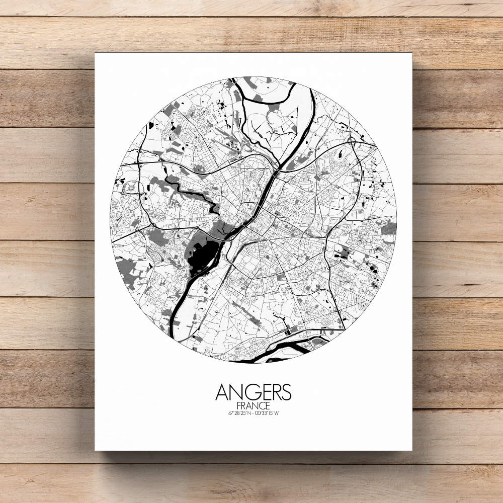 Mapospheres angers Black and White  round shape design canvas city map