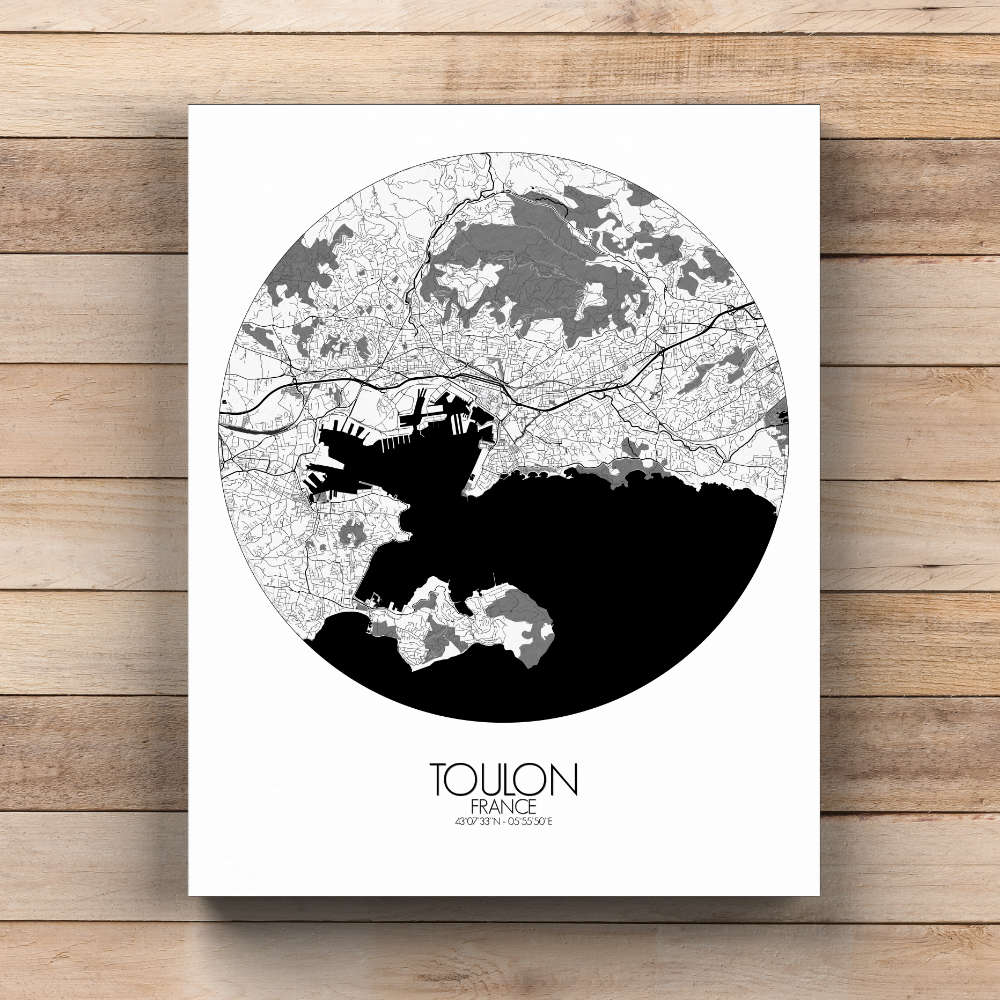 Mapospheres Toulon Black and White  round shape design canvas city map