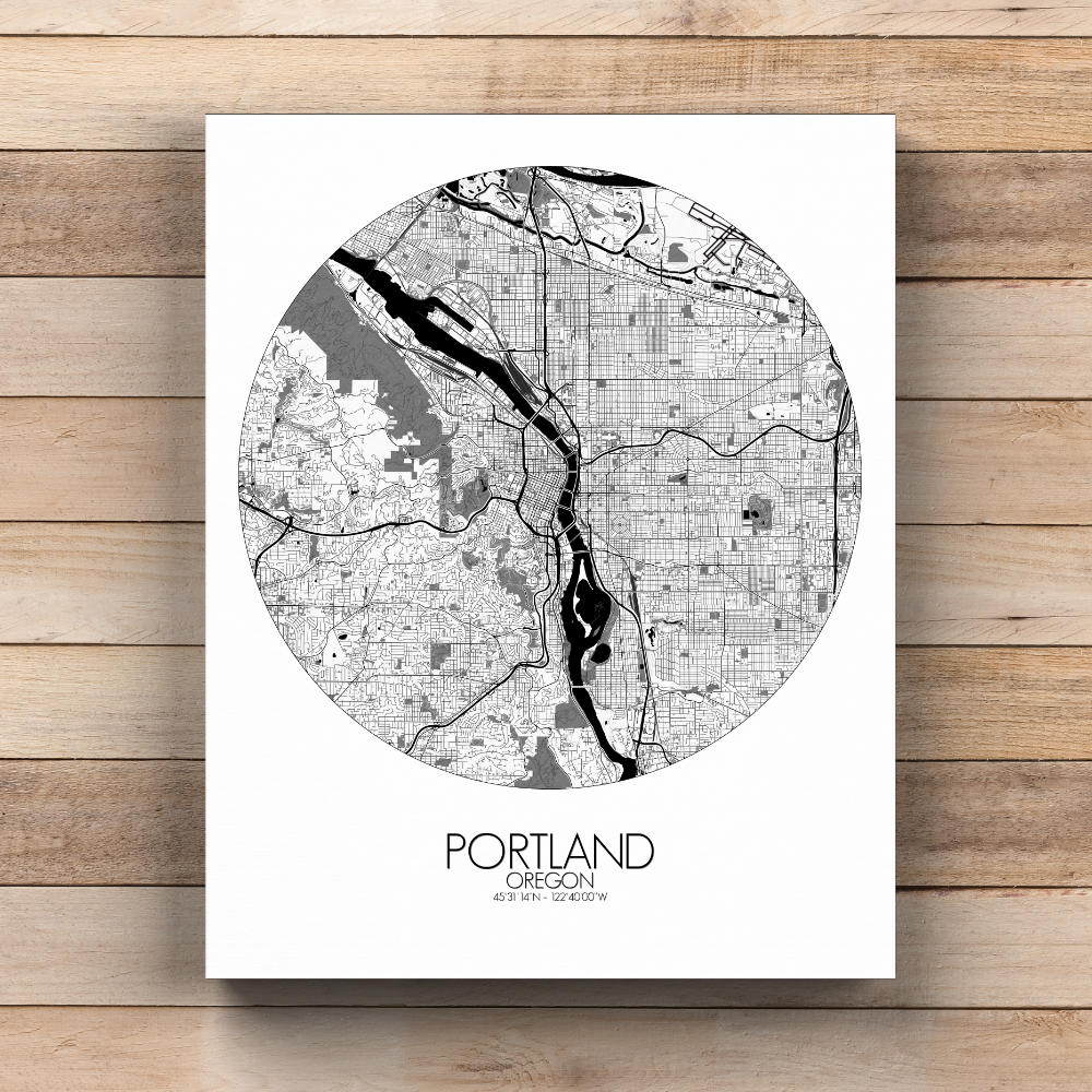 Mapospheres Portland Black and White  round shape design canvas city map