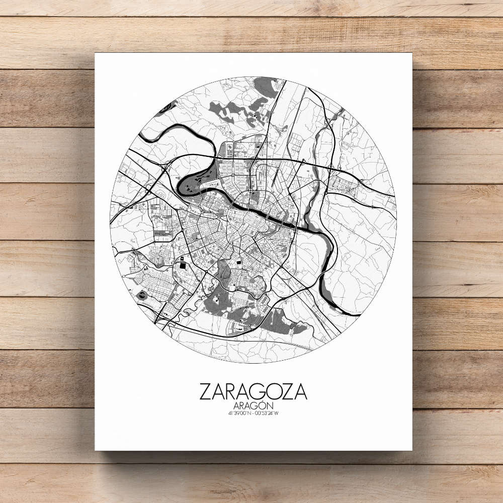 Mapospheres Zaragoza Black and White  round shape design canvas city map