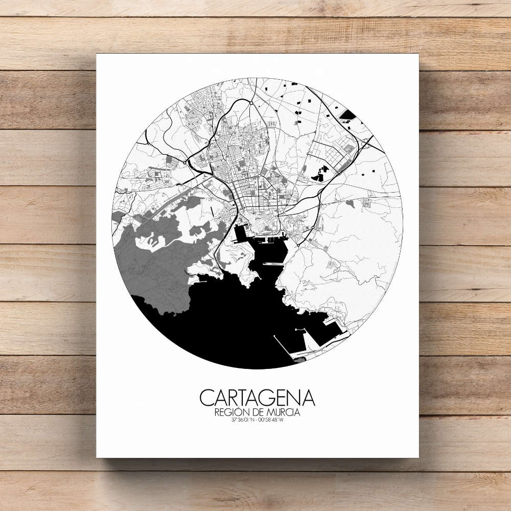 Mapospheres Cartagena Black and White  round shape design canvas city map