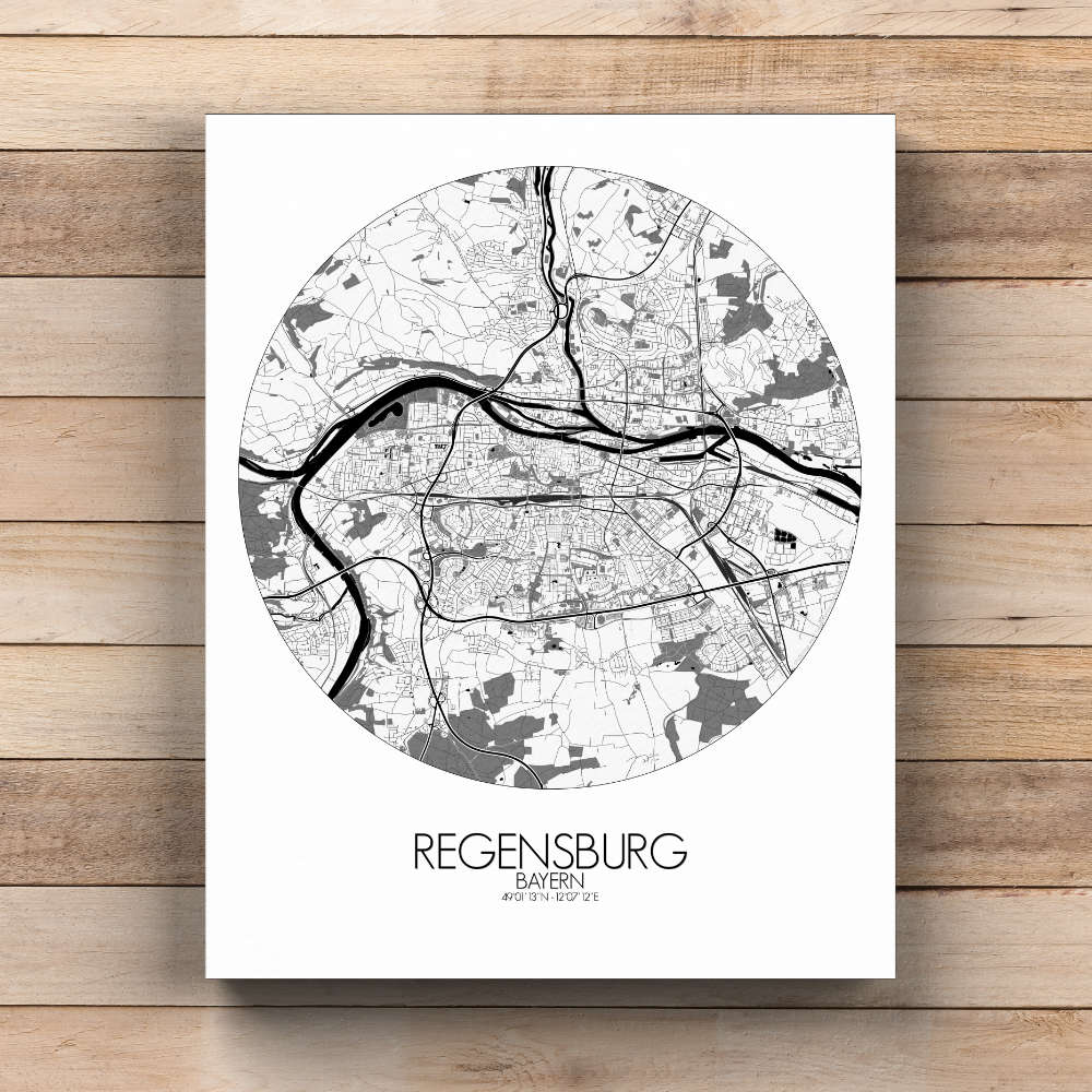 Mapospheres Regensburg Black and White  round shape design canvas city map