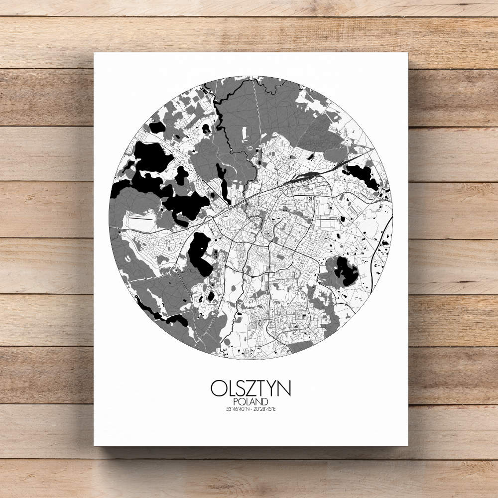 Mapospheres Olsztyn Black and White  round shape design canvas city map