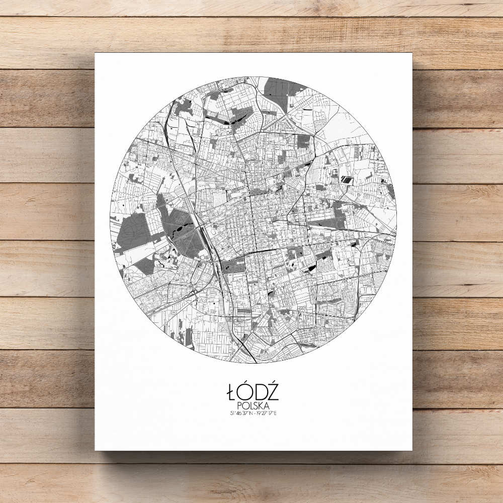 Mapospheres Lodz Black and White  round shape design canvas city map
