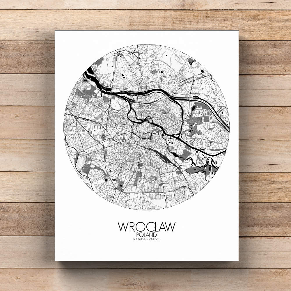 Mapospheres Wroclaw Black and White  round shape design canvas city map