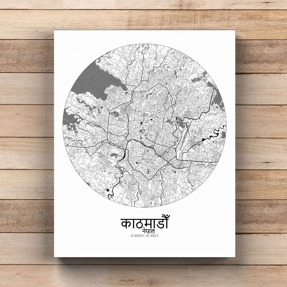 Mapospheres Kathmandu Black and White  round shape design canvas city map