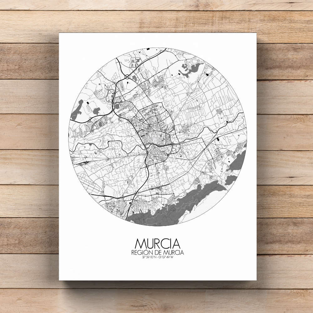 Mapospheres Murcia Black and White  round shape design canvas city map