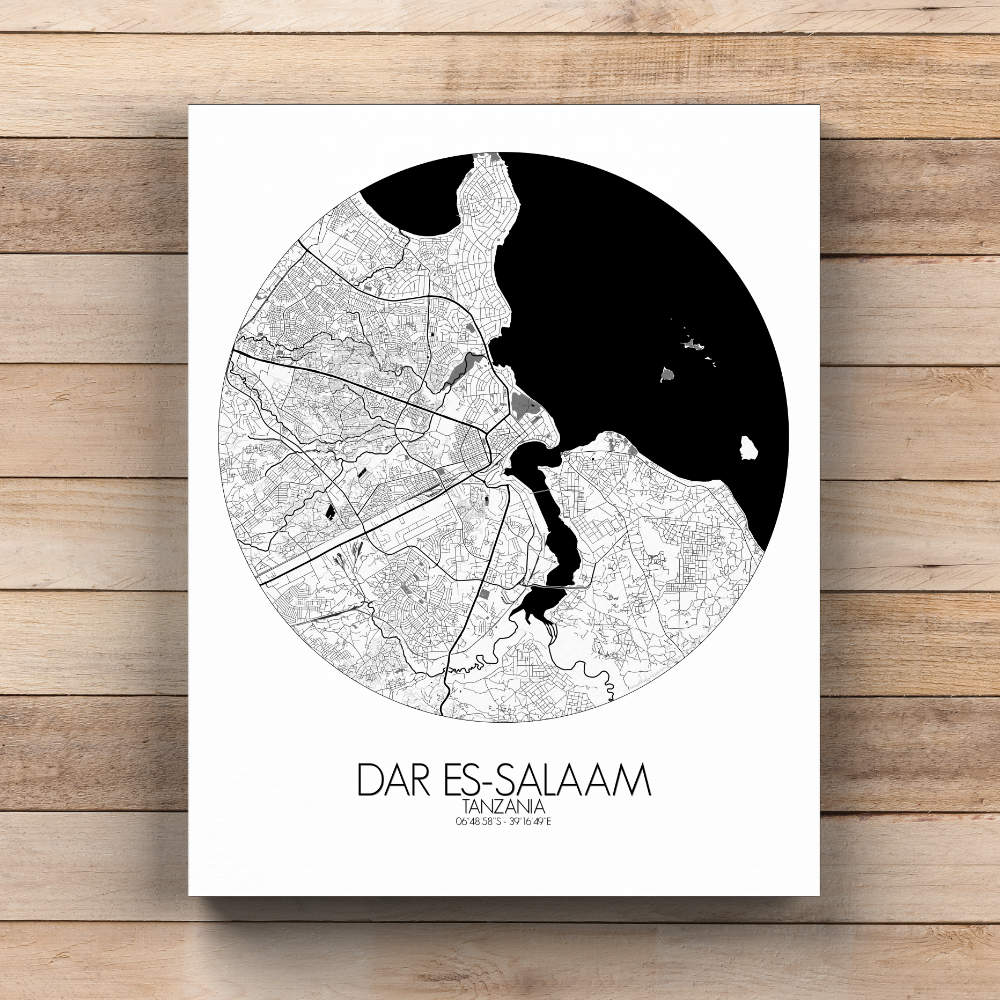 Mapospheres Dar es Salaam Black and White  round shape design canvas city map