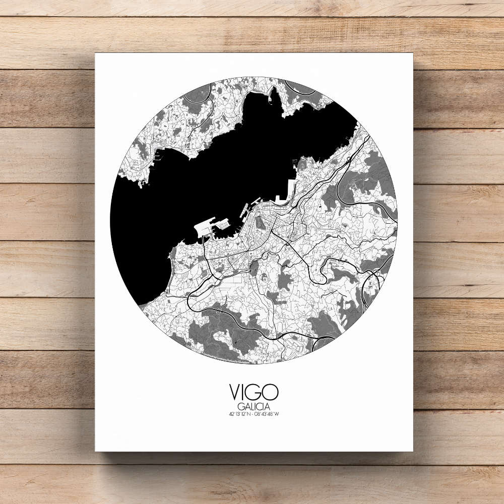 Mapospheres Vigo Black and White  round shape design canvas city map